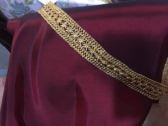 Wine colored changeable taffeta and gold trim