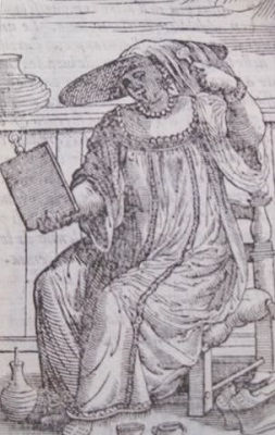 Woodcut print by Cesare Vecellio of a woman bleaching her hair in her underclothes
